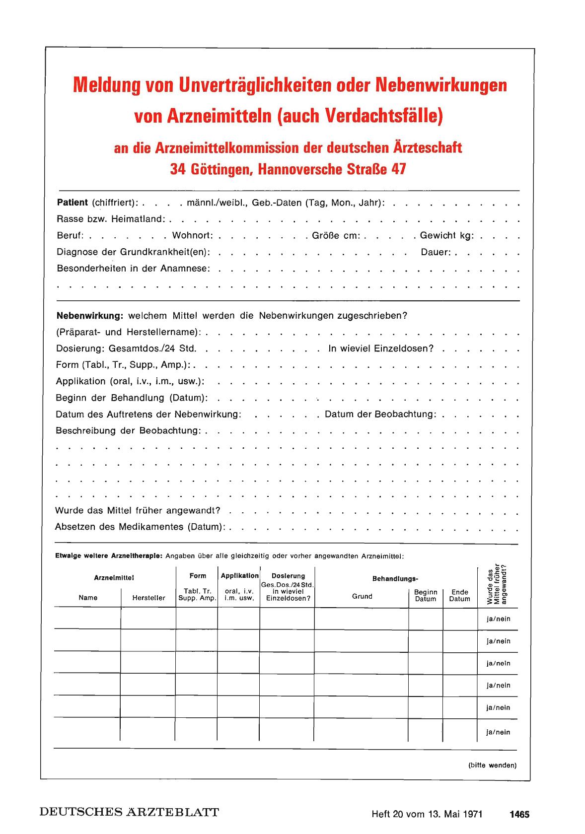 Vorschauseite 1: Meldung von Unverträglichkeiten oder Nebenwirkungen von Arzneimitteln (auch Verdachtsfälle)