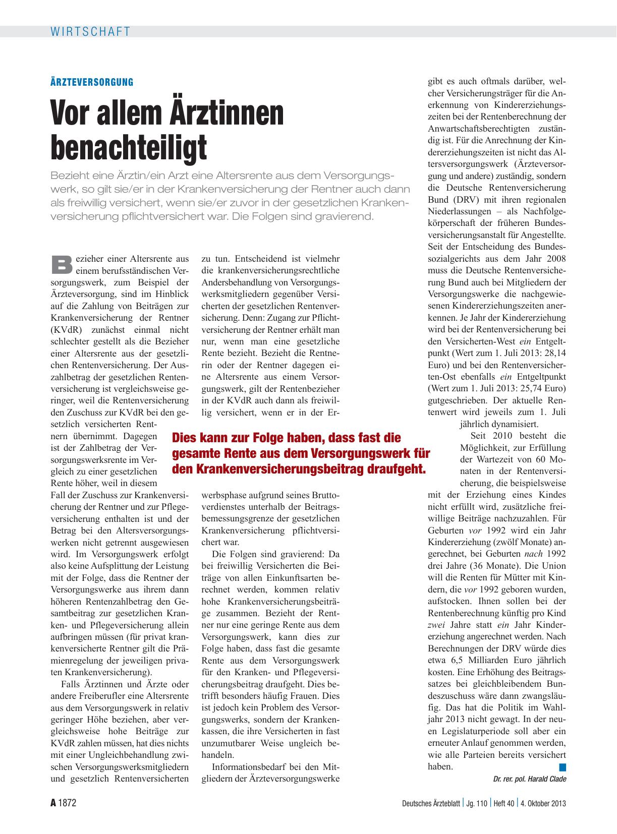 Vorschauseite 1: Ärzteversorgung: Vor allem Ärztinnen benachteiligt