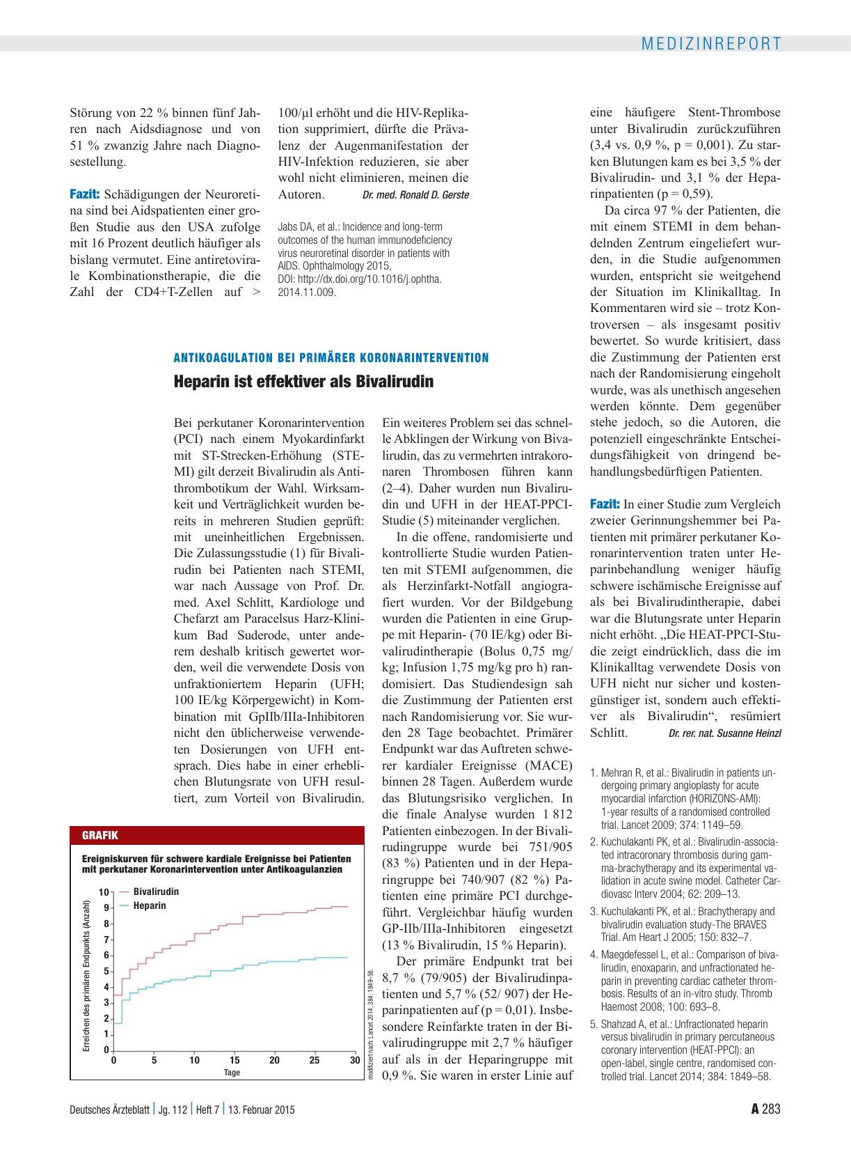 Vorschauseite 1: Antikoagulation bei Primärer Koronarintervention: Heparin ist effektiver als Bivalirudin