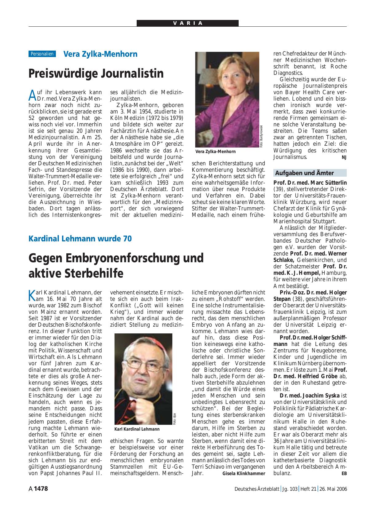 Vorschauseite 1: Vera Zylka-Menhorn: Preiswürdige Journalistin