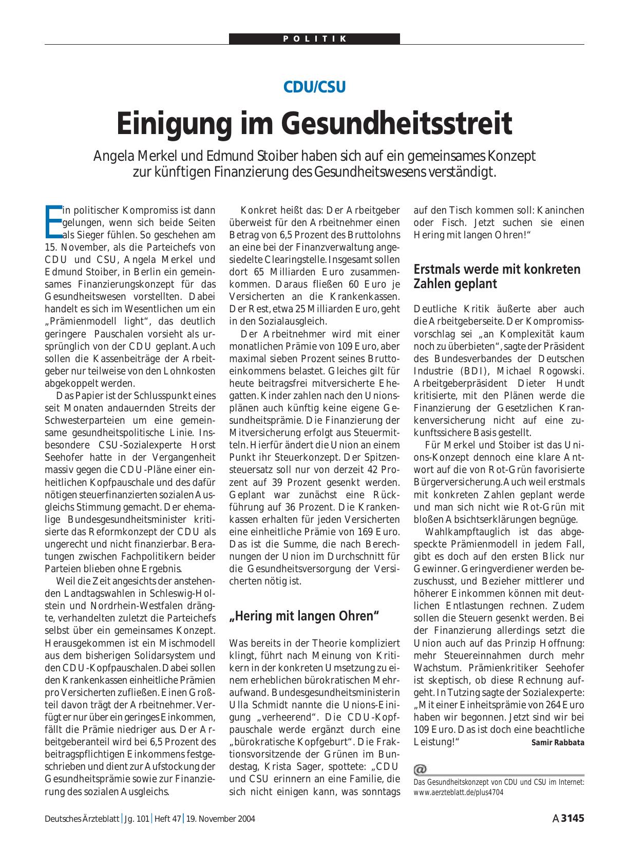 Vorschauseite 1: CDU/CSU: Einigung im Gesundheitsstreit