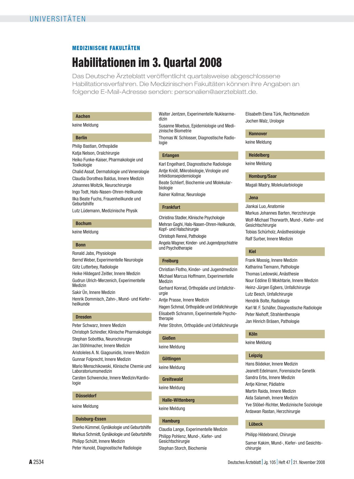 Vorschauseite 1: Medizinische Fakultäten: Habilitationen im 3. Quartal 2008