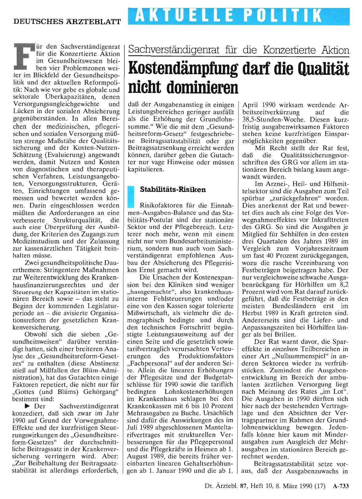 Vorschauseite 1: Sachverständigemat für die Konzertierte Aktion: Kostendämpfung darf die Qualltät nicht dominieren