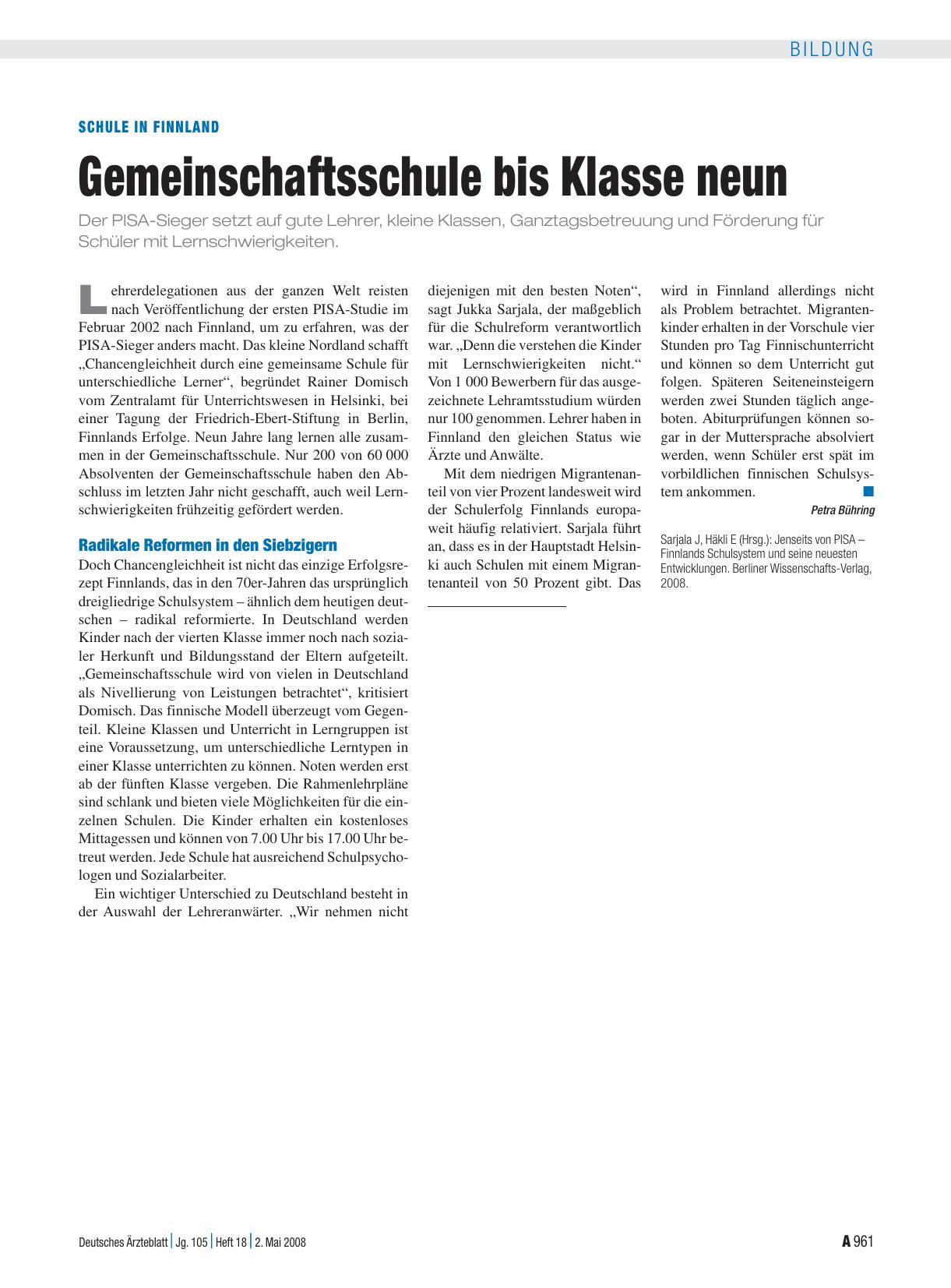 Vorschauseite 1: Schule in Finnland: Gemeinschaftsschule bis Klasse neun