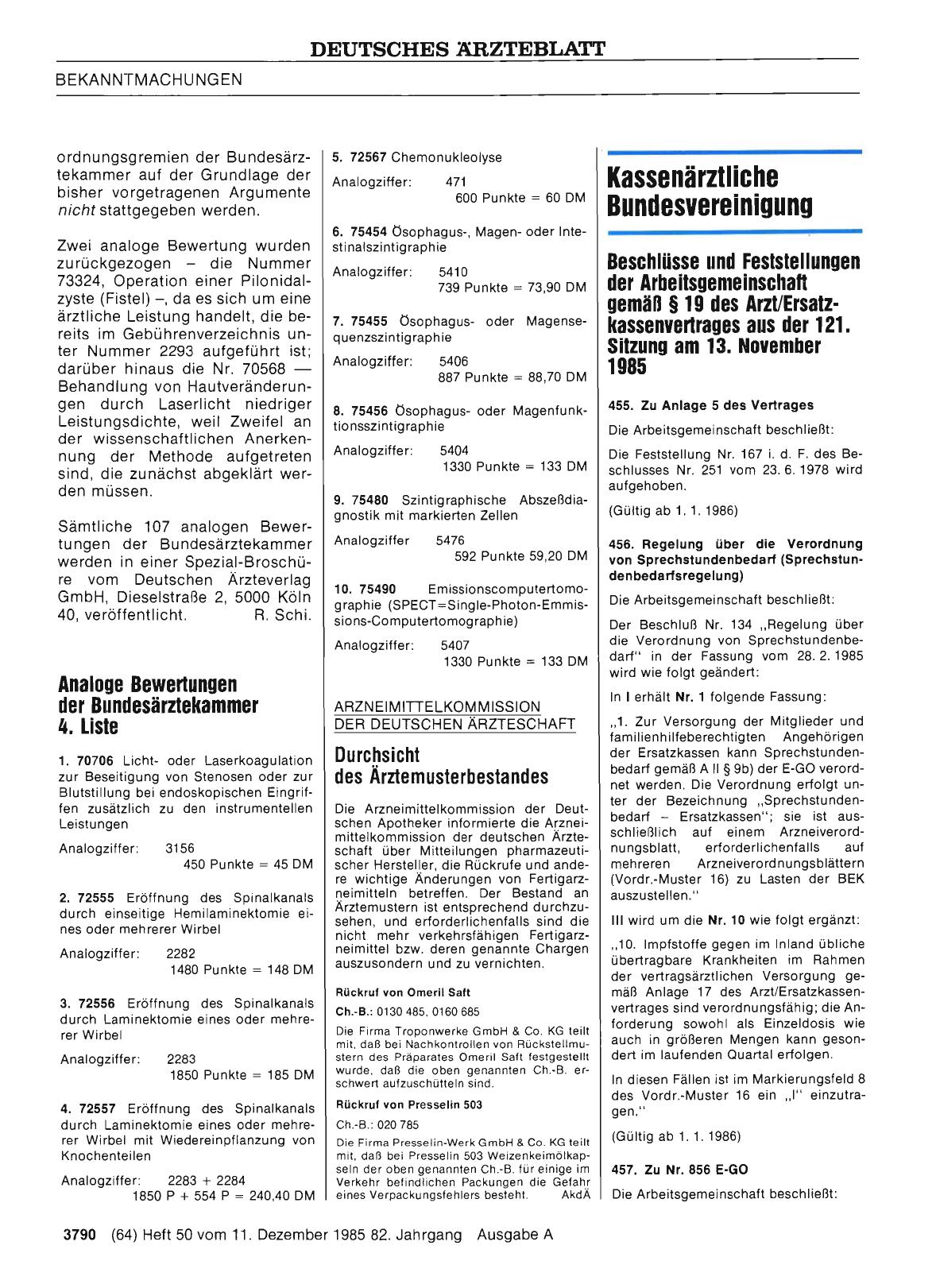 Vorschauseite 1: Beschlüsse und Feststellungen der Arbeitsgemeinschaft gemäß § 19 des Arzt/Ersatzkassenvertrages aus der 121. Sitzung am 13. November 1985