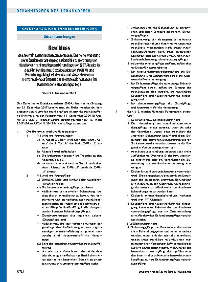 Vorschauseite 1: Beschluss des Gemeinsamen Bundesausschusses über eine Änderung der Häusliche Krankenpflege-Richtlinie: Verordnung von häuslicher Krankenpflege auf Grundlage von § 37 Absatz 1a