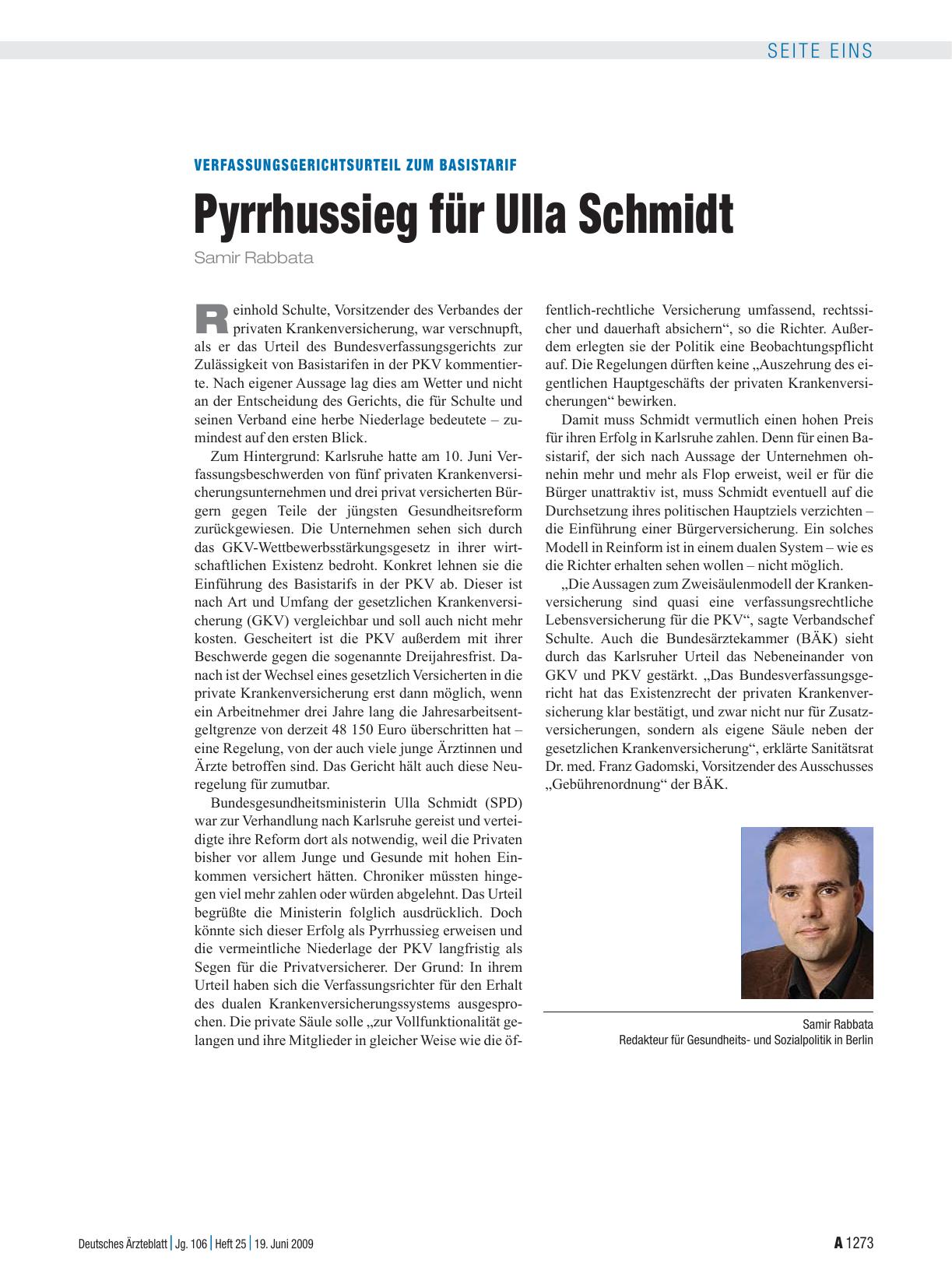 Vorschauseite 1: Verfassungsgerichtsurteil zum Basistarif: Pyrrhussieg für Ulla Schmidt