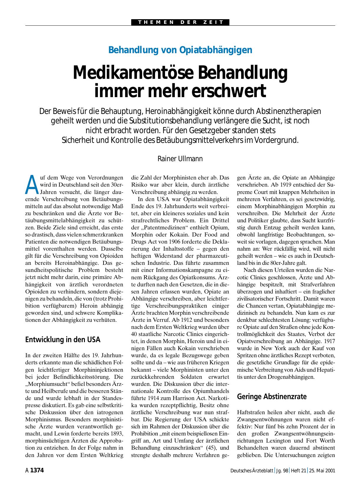 Vorschauseite 1: Behandlung von Opiatabhängigen: Medikamentöse Behandlung immer mehr erschwert