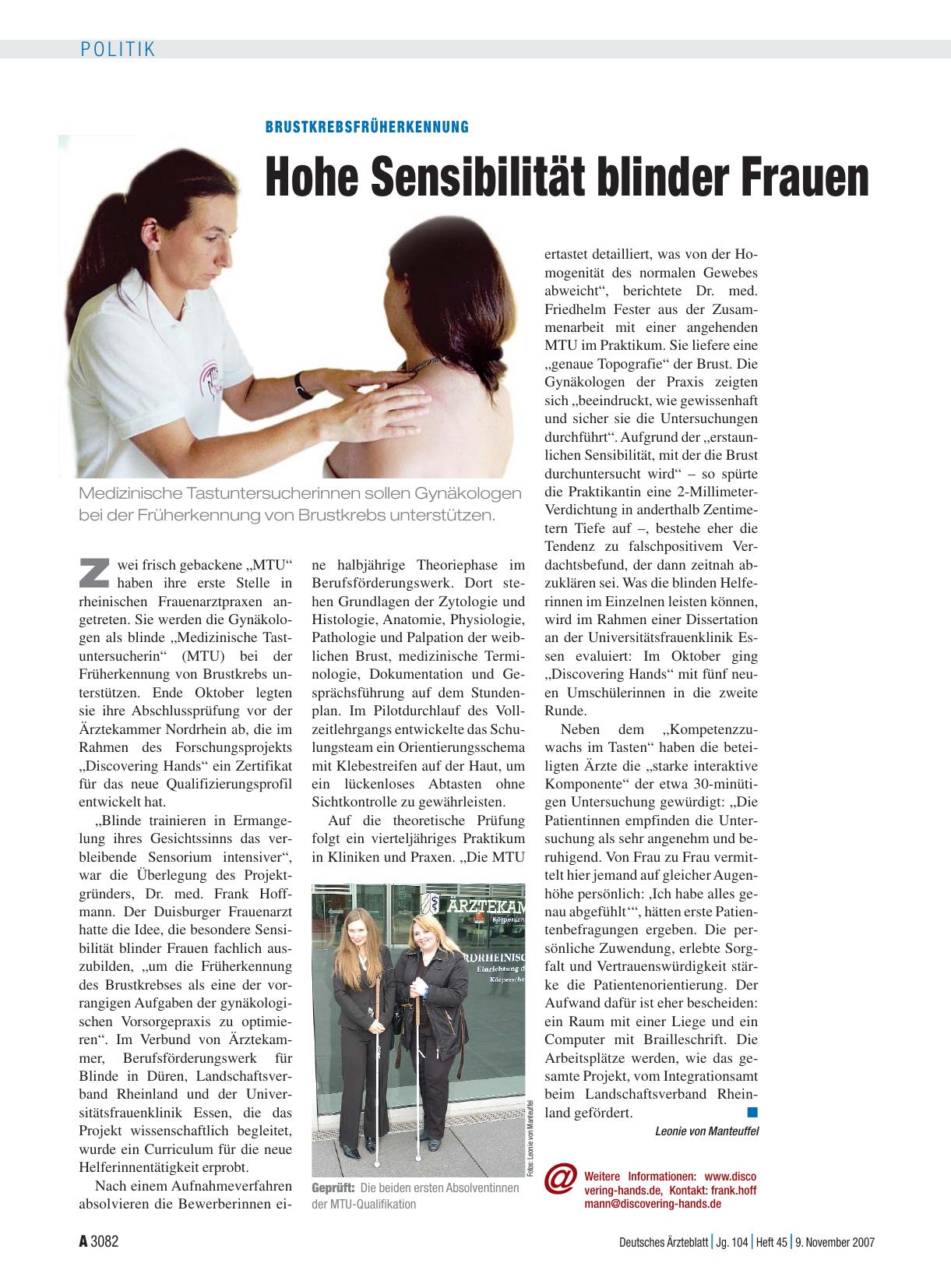 Vorschauseite 1: Brustkrebsfrüherkennung: Hohe Sensibilität blinder Frauen