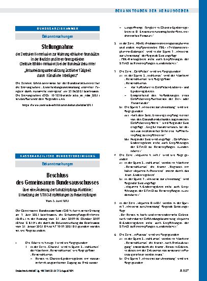 Vorschauseite 1: Stellungnahme der Zentralen Kommission zur Wahrung ethischer Grundsätze in der Medizin und ihren Grenzgebieten (Zentrale Ethikkommission) bei der Bundesärztekammer „Entscheidungsu…