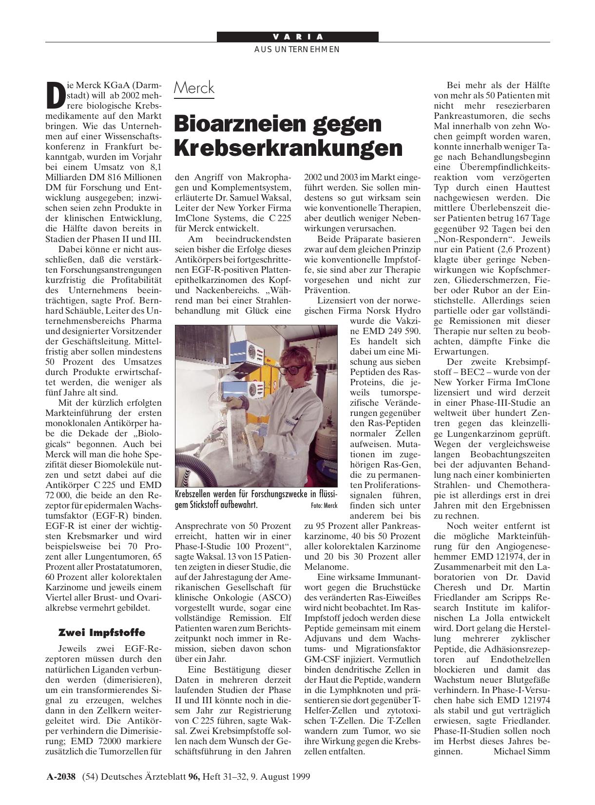 Vorschauseite 1: Merck: Bioarzneien gegen Krebserkrankungen