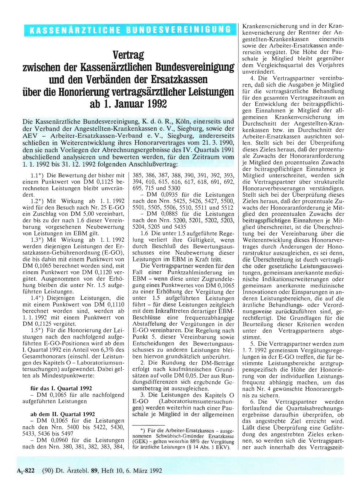 Vorschauseite 1: Vertrag zwischen der Kassenärztlichen Bundesvereinigung und den Verbänden der Ersatzkassen über die Honorierung vertragsärztlicher Leistungen ab 1. Januar 1992