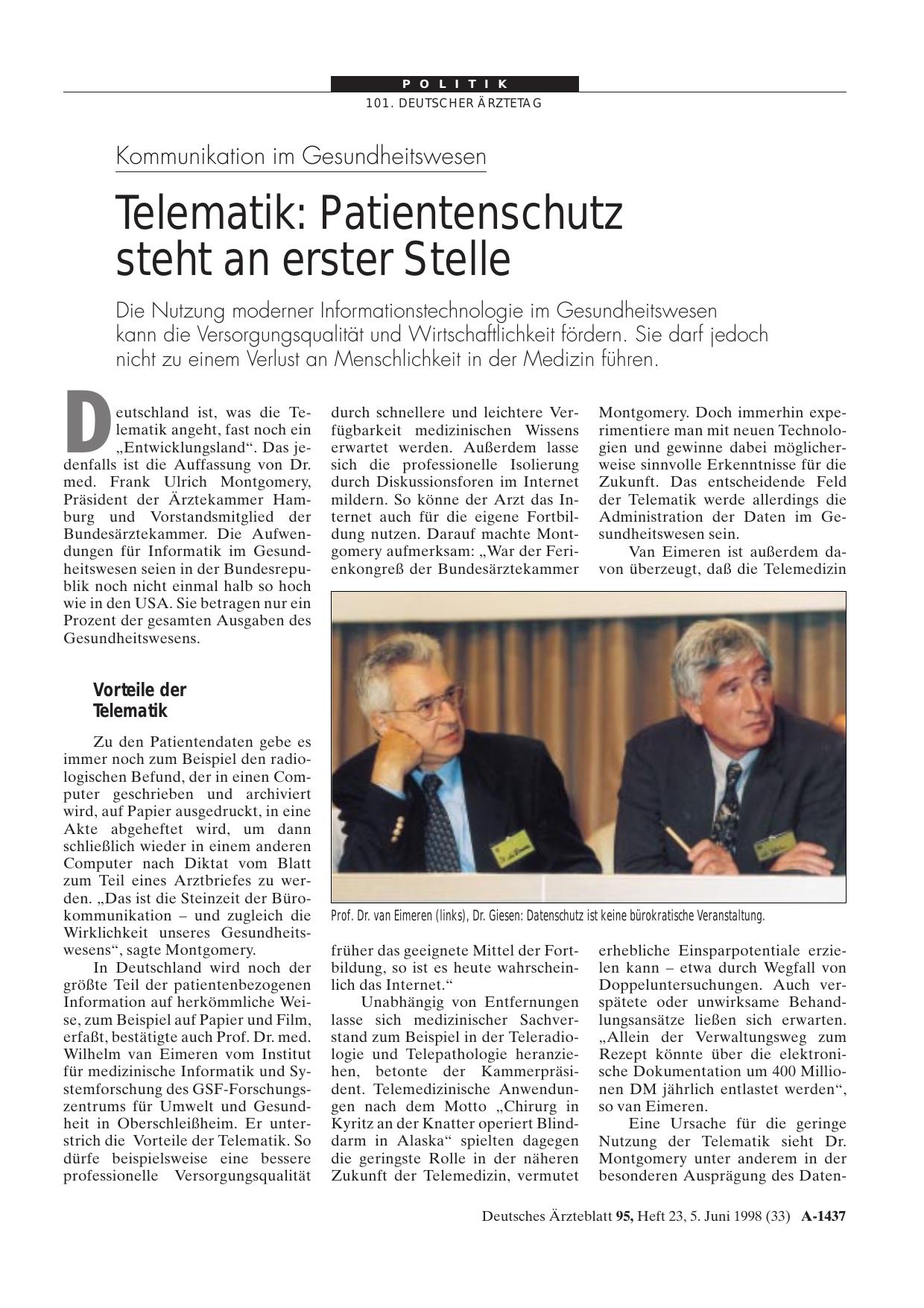 Vorschauseite 1: Kommunikation im Gesundheitswesen – Telematik: Patientenschutz steht an erster Stelle