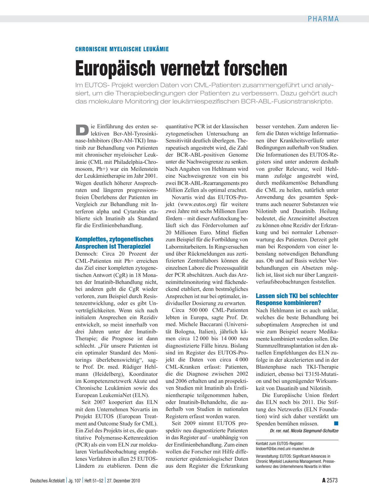 Vorschauseite 1: Chronische Myeloische Leukämie: Europäisch vernetzt forschen