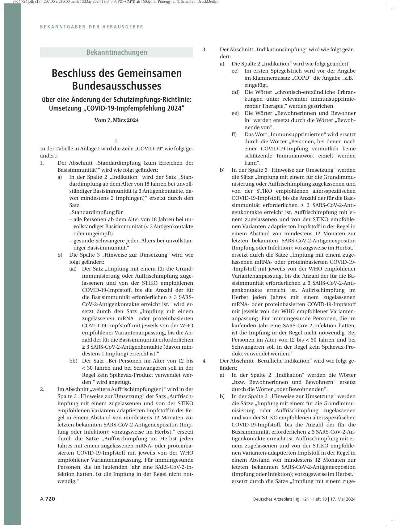 Vorschauseite 1: Beschluss des Gemeinsamen Bundesausschusses über eine Änderung der Schutzimpfungs-Richtlinie: Umsetzung „COVID-19-Impfempfehlung 2024“