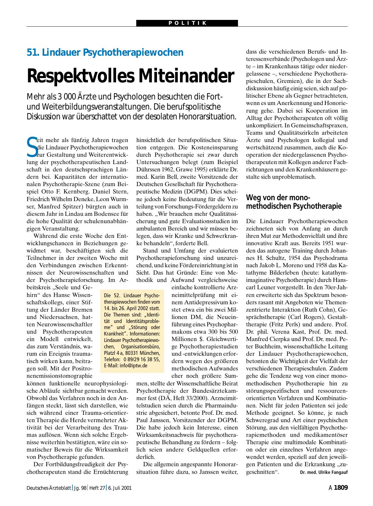 Vorschauseite 1: 51. Lindauer Psychotherapiewochen: Respektvolles Miteinander