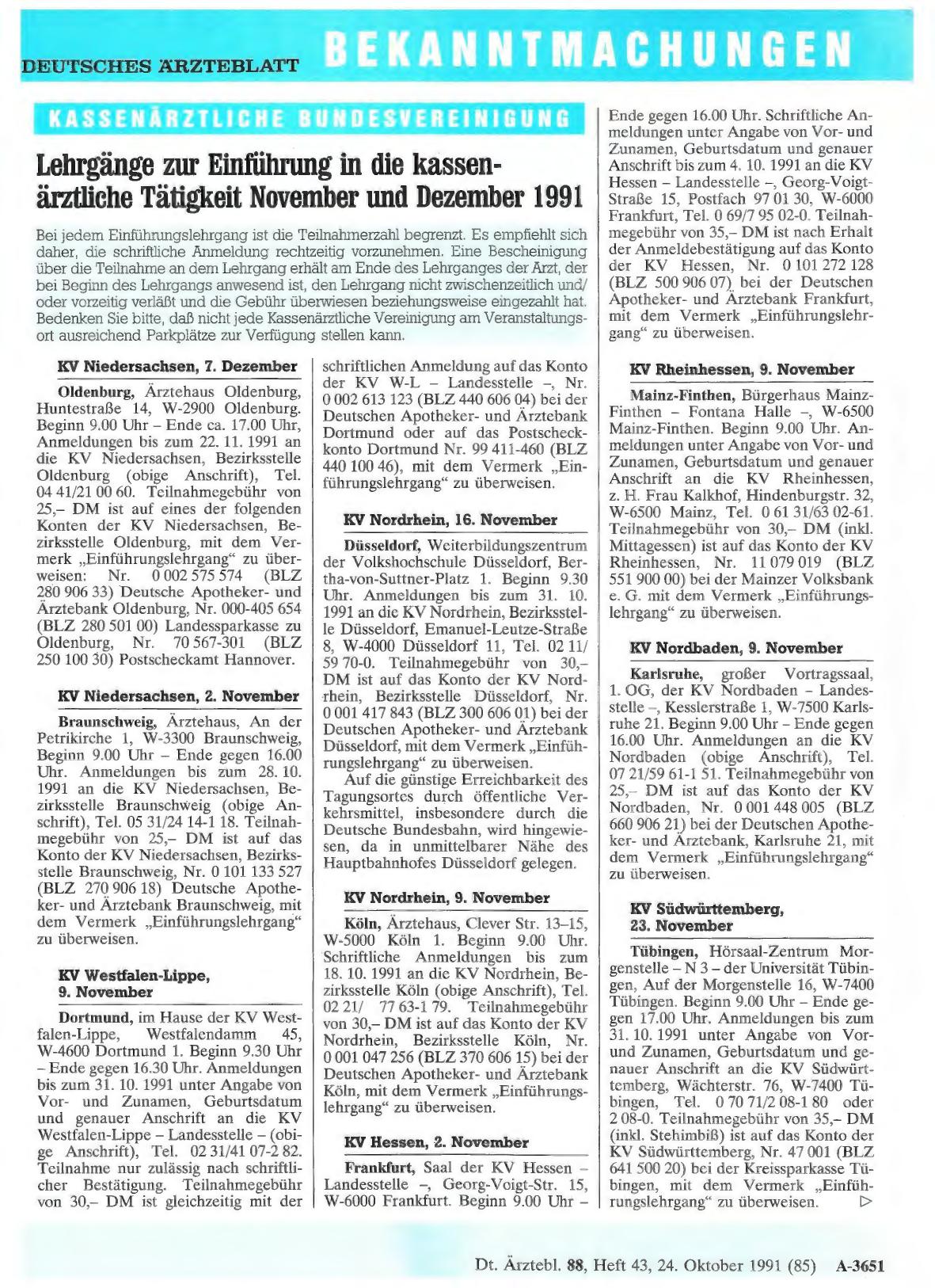 Vorschauseite 1: Lehrgänge zur Einführung in die kassenärztliche Tätigkeit November und Dezember 1991