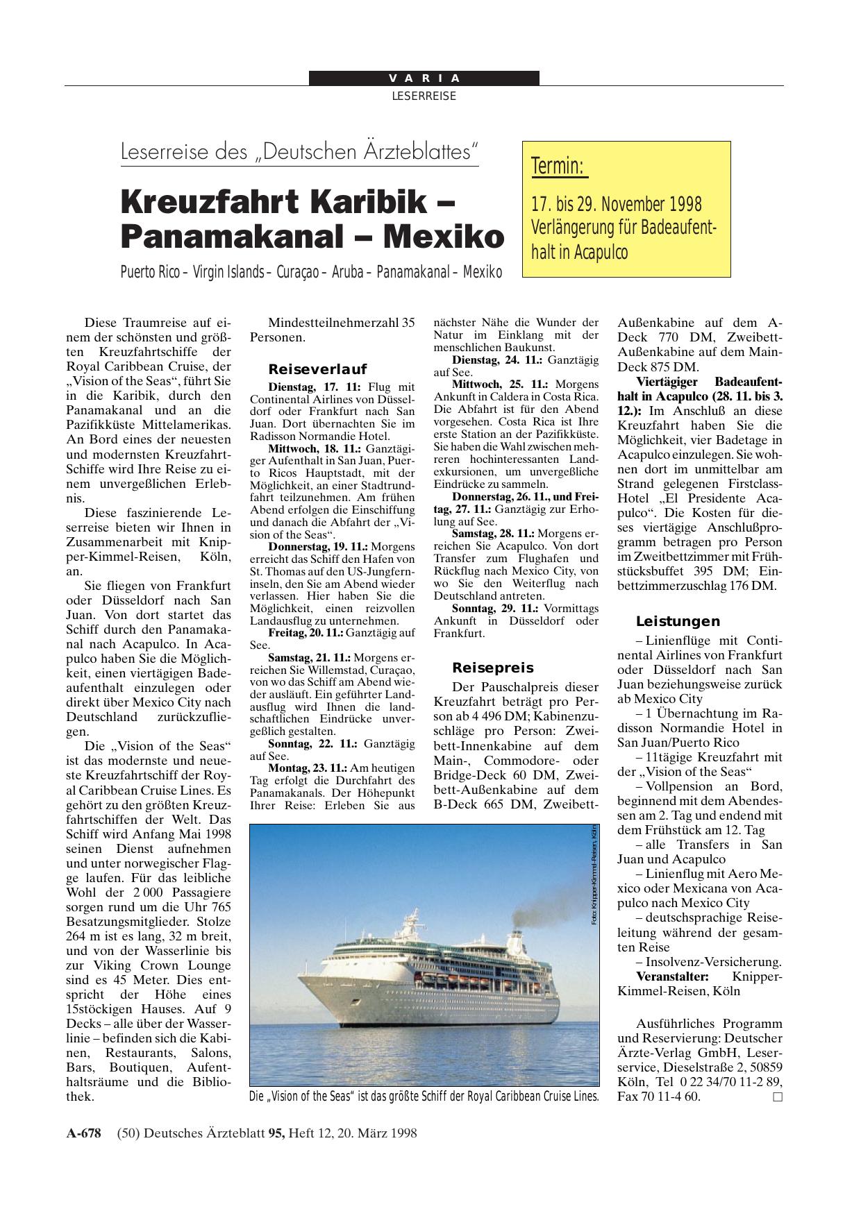 Vorschauseite 1: Leserreise des „Deutschen Ärzteblattes“: Kreuzfahrt Karibik - Panamakanal - Mexiko