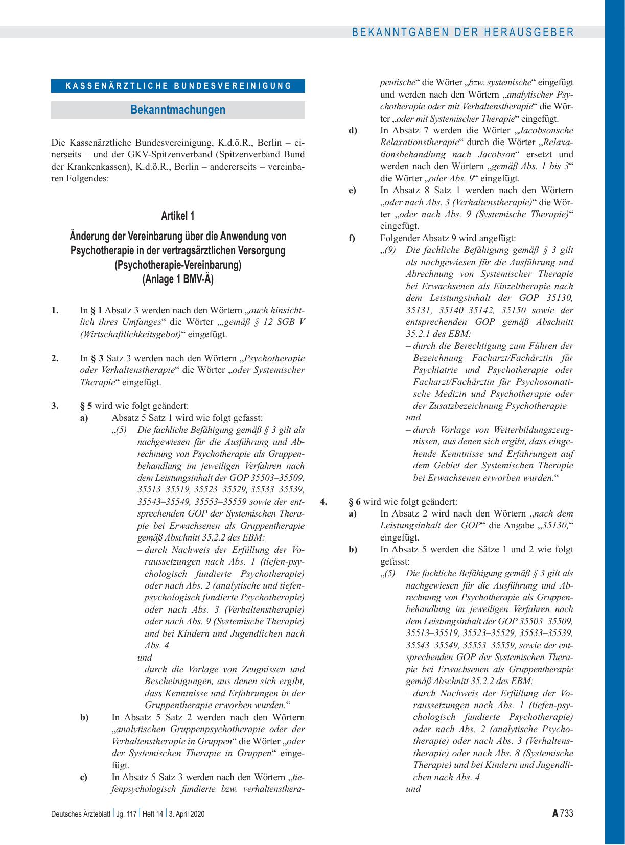Vorschauseite 1: Änderung der Vereinbarung über die Anwendung von Psychotherapie in der vertragsärztlichen Versorgung (Psychotherapie-Vereinbarung) (Anlage 1 BMV-Ä): Artikel 1, Artikel 2, Inkraftt…