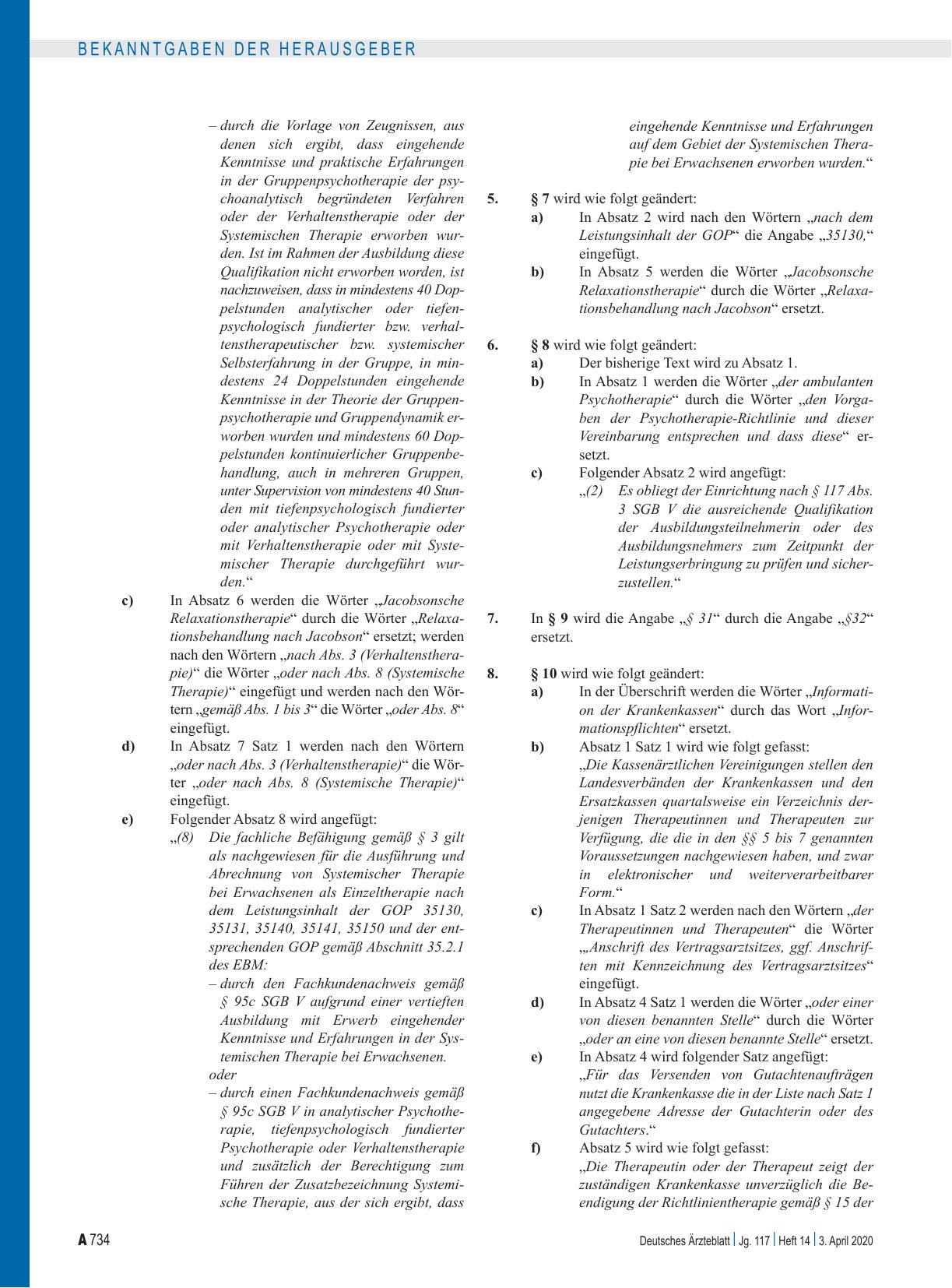 Vorschauseite 2: Änderung der Vereinbarung über die Anwendung von Psychotherapie in der vertragsärztlichen Versorgung (Psychotherapie-Vereinbarung) (Anlage 1 BMV-Ä): Artikel 1, Artikel 2, Inkraftt…