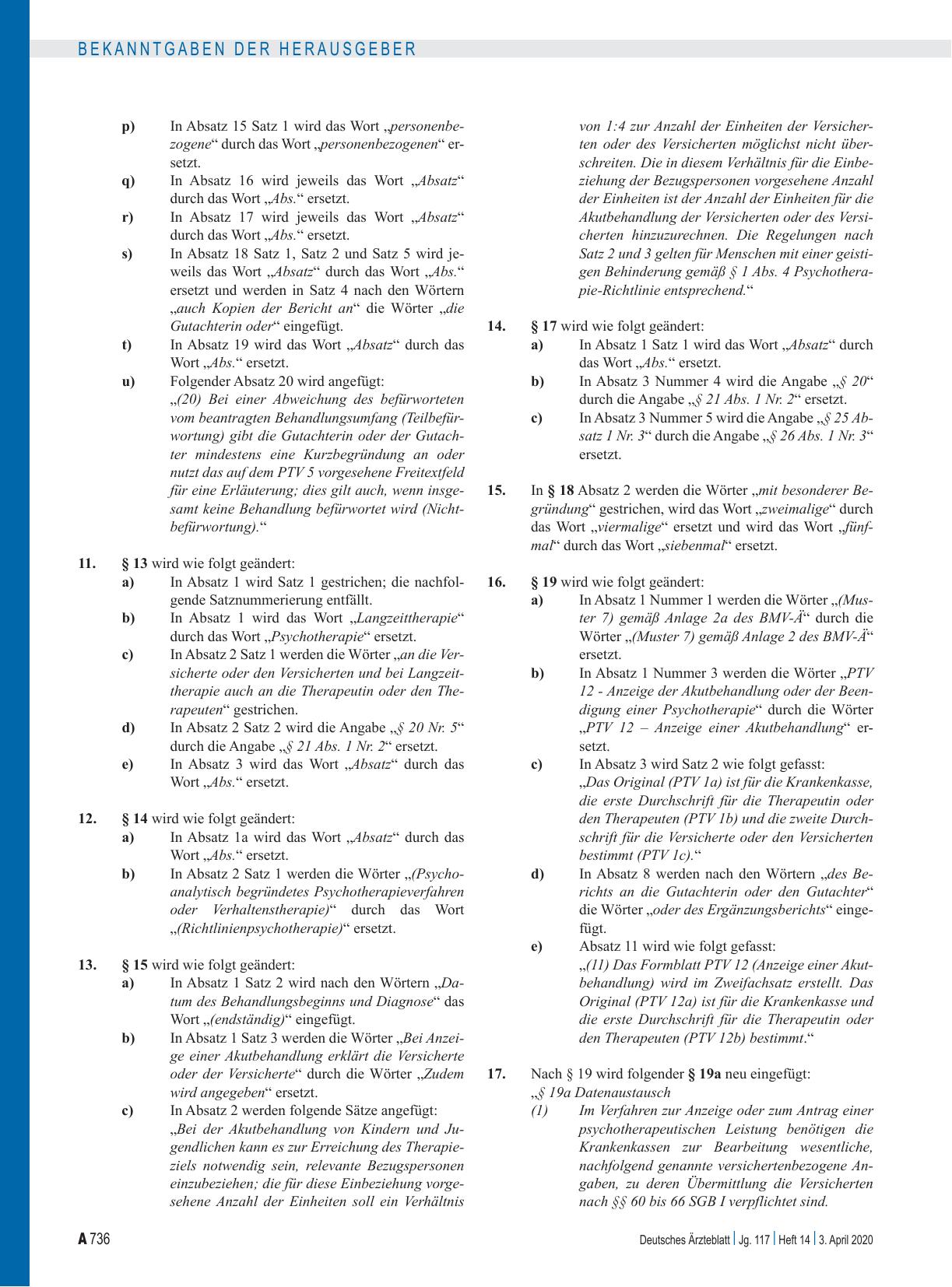 Vorschauseite 4: Änderung der Vereinbarung über die Anwendung von Psychotherapie in der vertragsärztlichen Versorgung (Psychotherapie-Vereinbarung) (Anlage 1 BMV-Ä): Artikel 1, Artikel 2, Inkraftt…