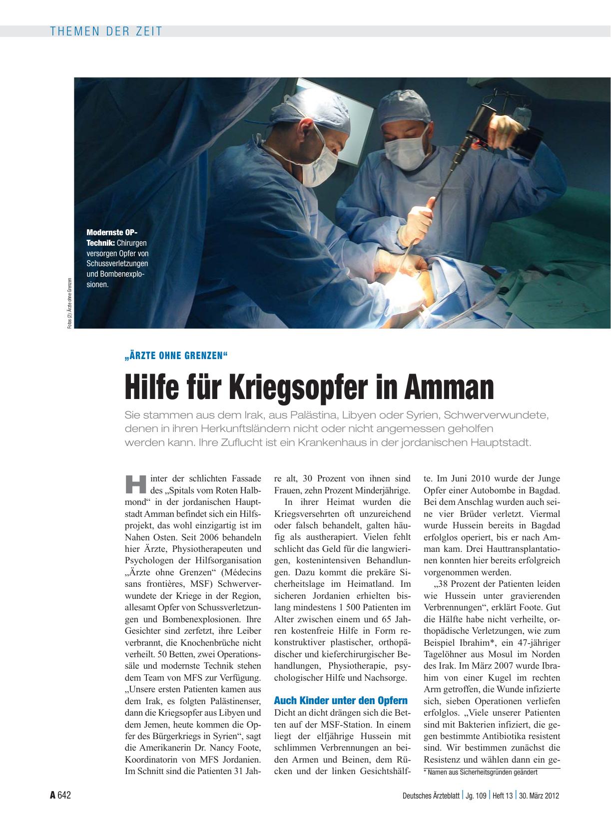 Vorschauseite 1: „Ärzte ohne Grenzen“: Hilfe für Kriegsopfer in Amman