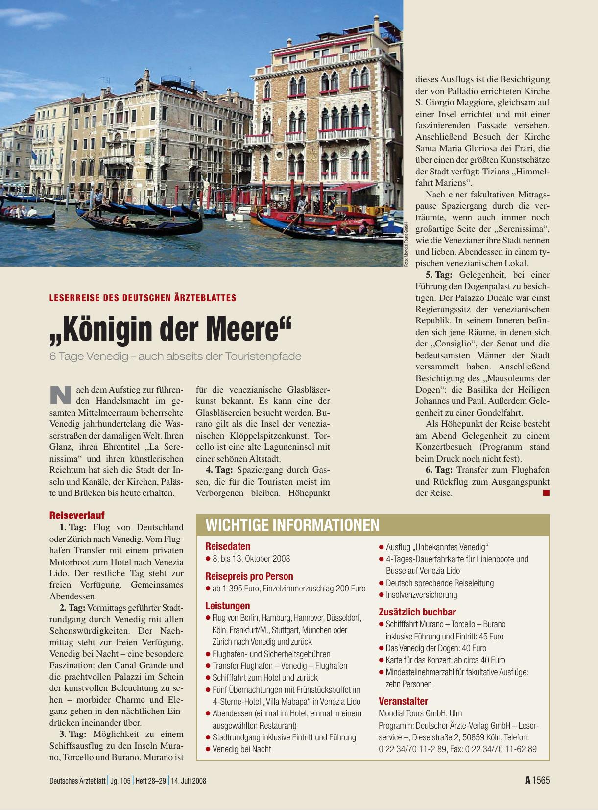 Vorschauseite 1: Leserreise des Deutschen Ärzteblattes: „Königin der Meere“