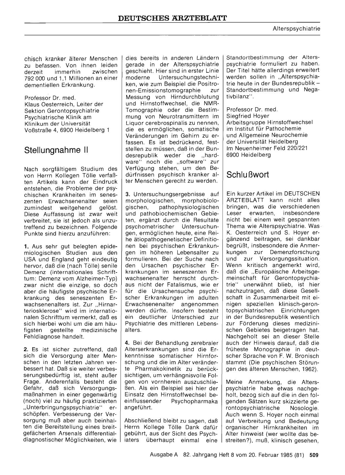 Vorschauseite 1: Alterspsychiatrie heute — eine Standortbestimmung: Schlußwort