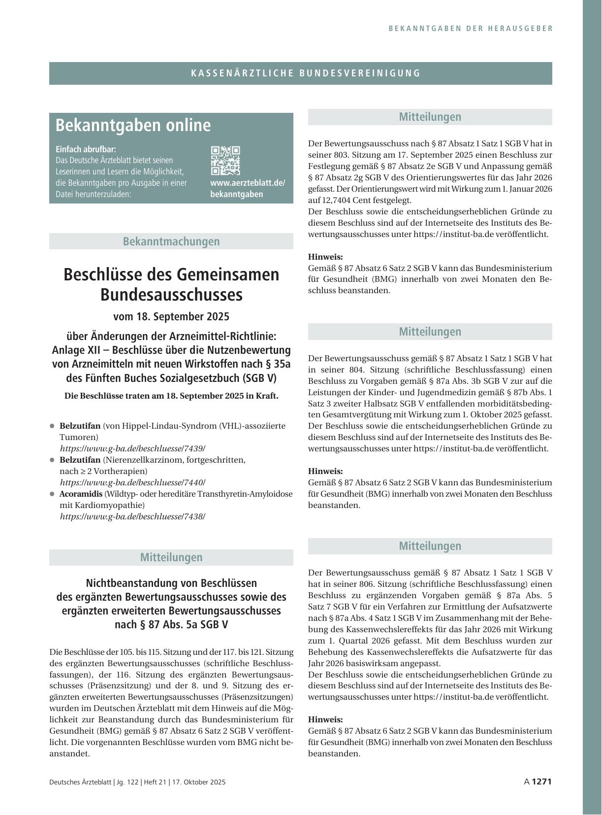 Vorschauseite 1: Beschlüsse des Gemeinsamen Bundesausschusses vom 18. September 2025 über Änderungen der Arzneimittel-Richtlinie: Anlage XII – Beschlüsse über die Nutzenbewertung von Arzneimitteln…