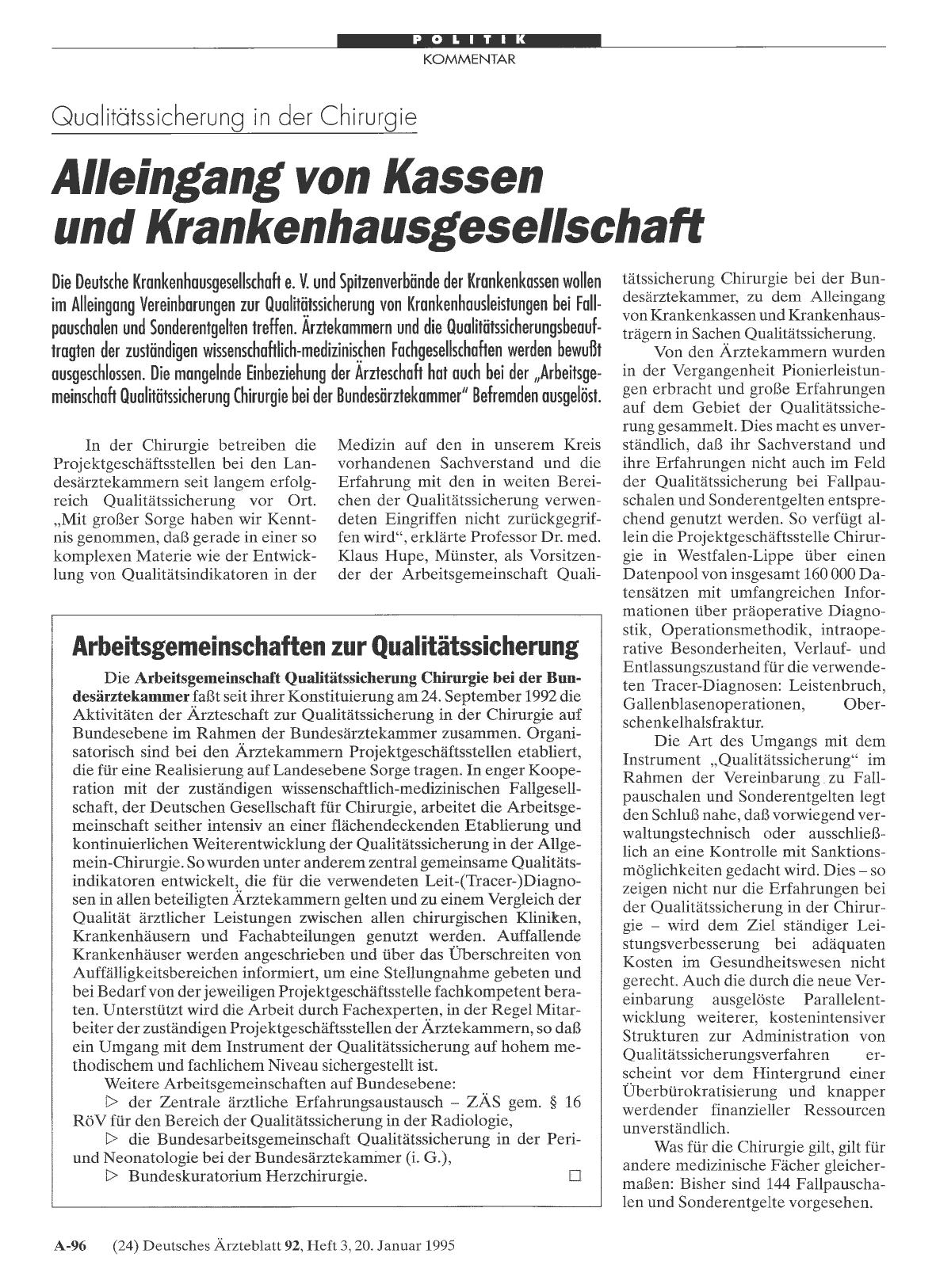 Vorschauseite 1: Qualitätssicherung in der Chirurgie: Alleingang von Kassen und Krankenhausgesellschaft