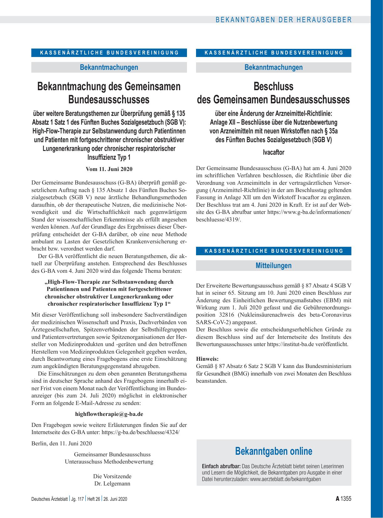 Vorschauseite 1: Bekanntmachung des Gemeinsamen Bundesausschusses über weitere Beratungsthemen zur Überprüfung gemäß § 135 Absatz 1 Satz 1 des Fünften Buches Sozialgesetzbuch (SGB V): High-Flow-Th…