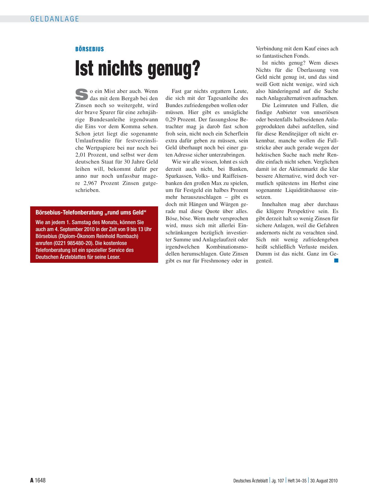 Vorschauseite 1: Börsebius: Ist nichts genug?