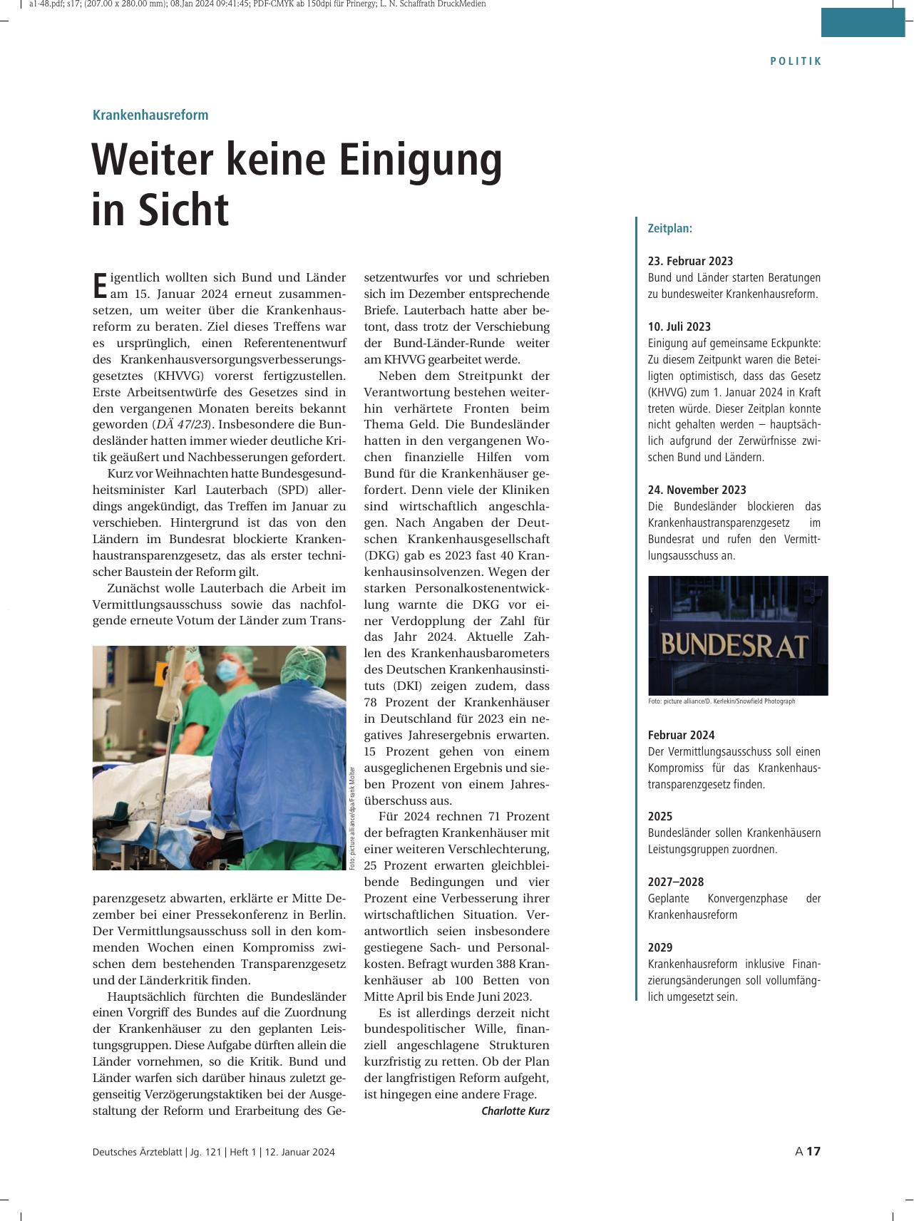 Vorschauseite 1: Krankenhausreform: Weiterhin keine Einigung in Sicht