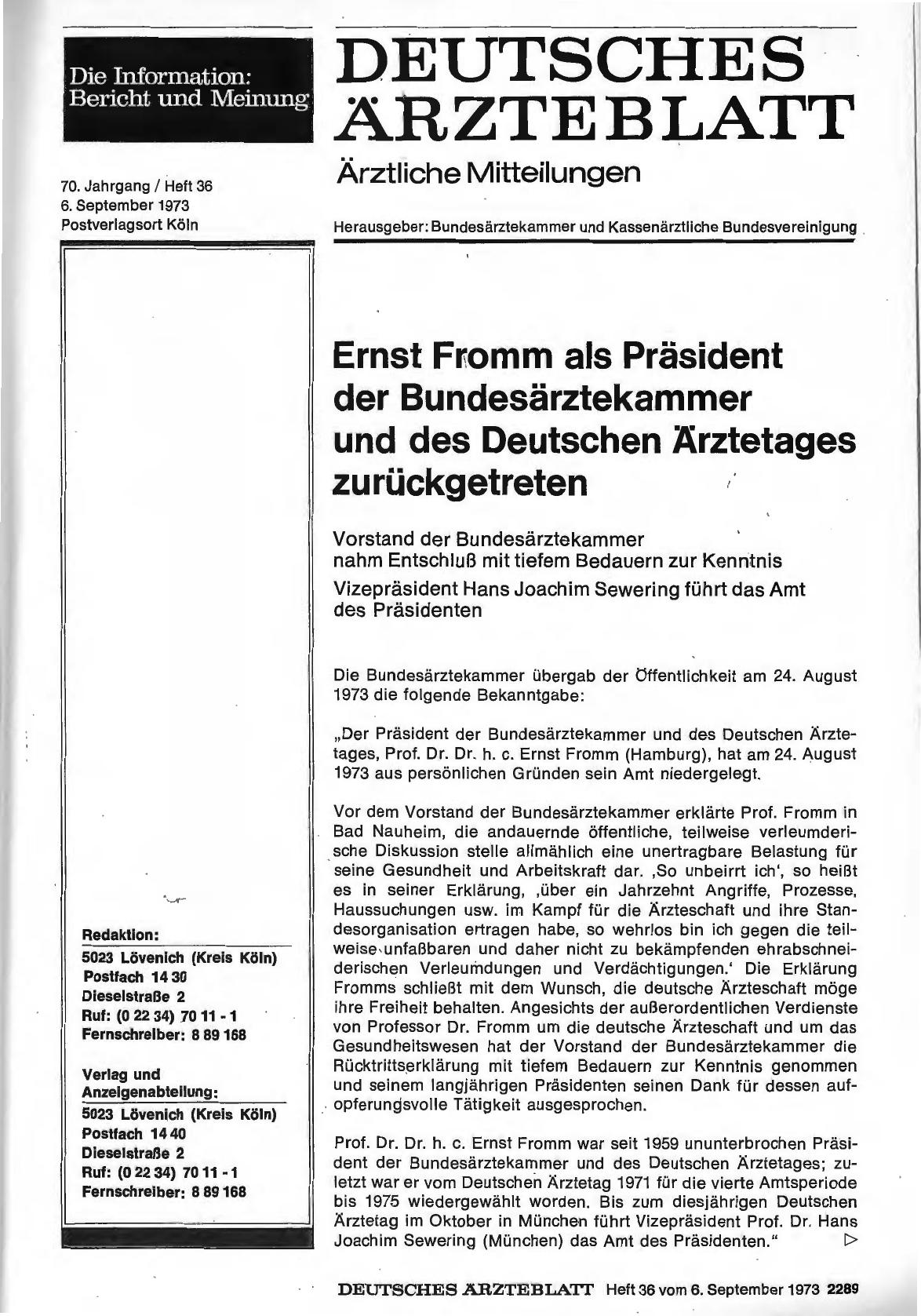 Vorschauseite 1: Ernst Fromm als Präsident der Bundesärztekammer und des Deutschen Ärztetages zurückgetreten