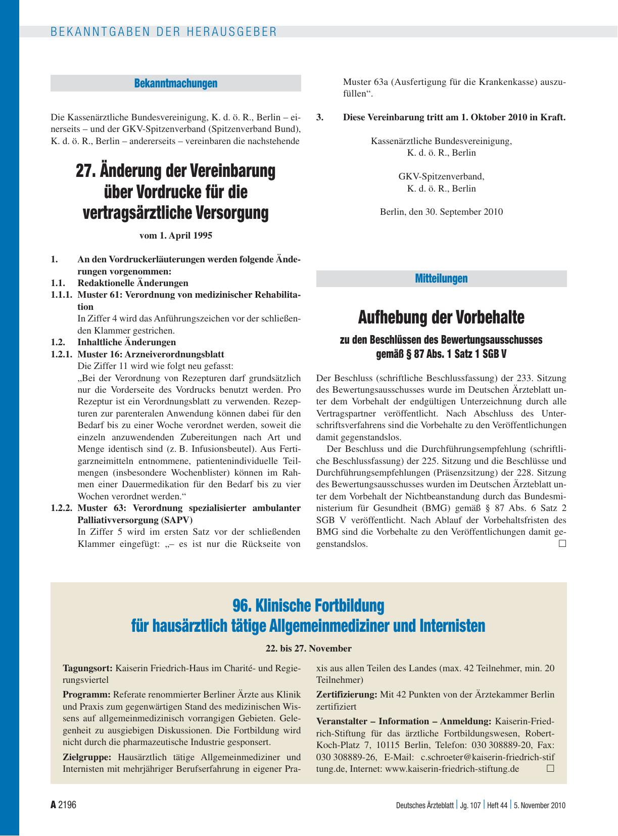 Vorschauseite 1: Aufhebung der Vorbehalte zu den Beschlüssen des Bewertungsausschusses gemäß § 87 Abs. 1 Satz 1 SGB V