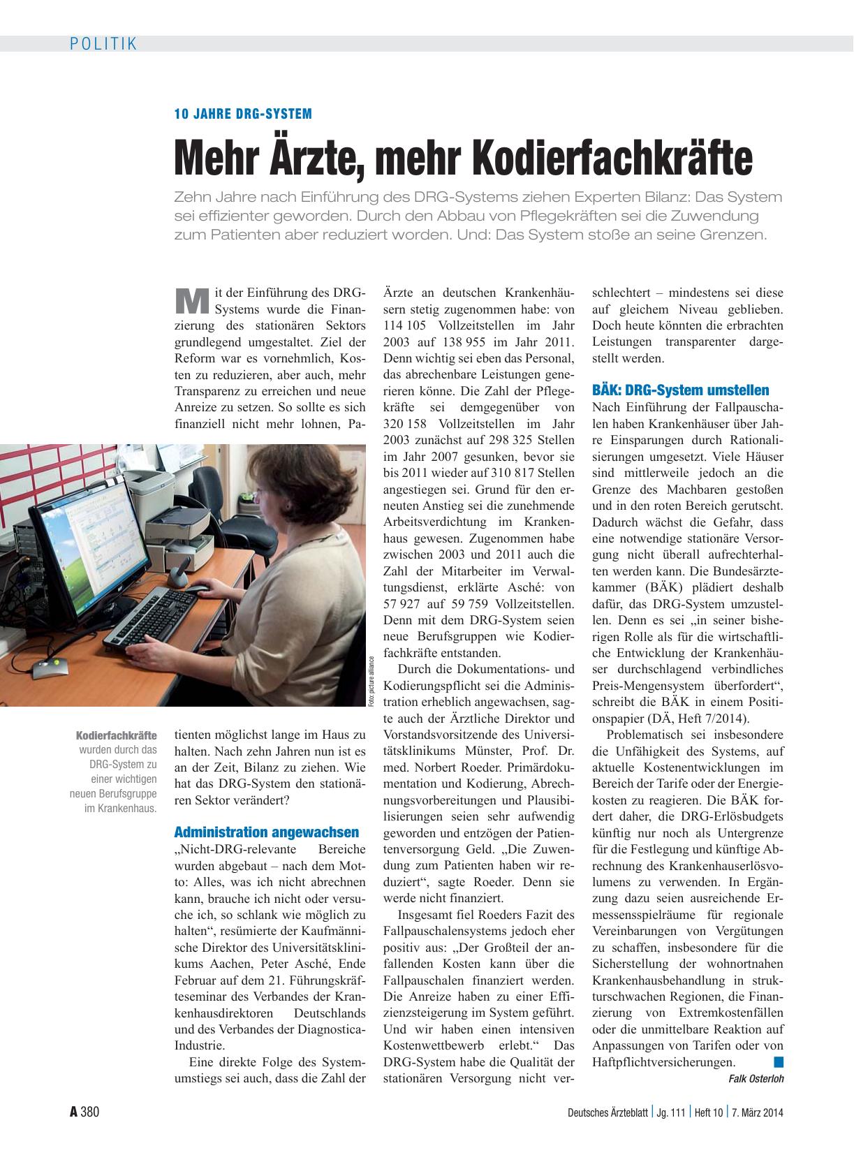 Vorschauseite 1: 10 Jahre DRG-System: Mehr Ärzte, mehr Kodierfachkräfte