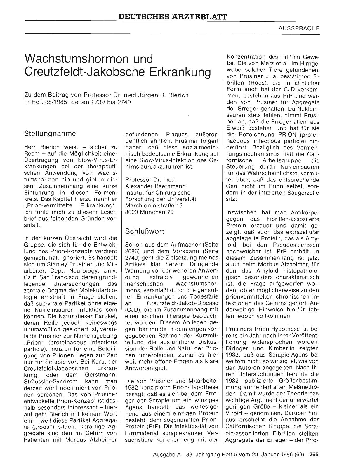 Vorschauseite 1: Wachstumshormon und Creutzfeldt-Jakobsche Erkrankung: Schlußwort