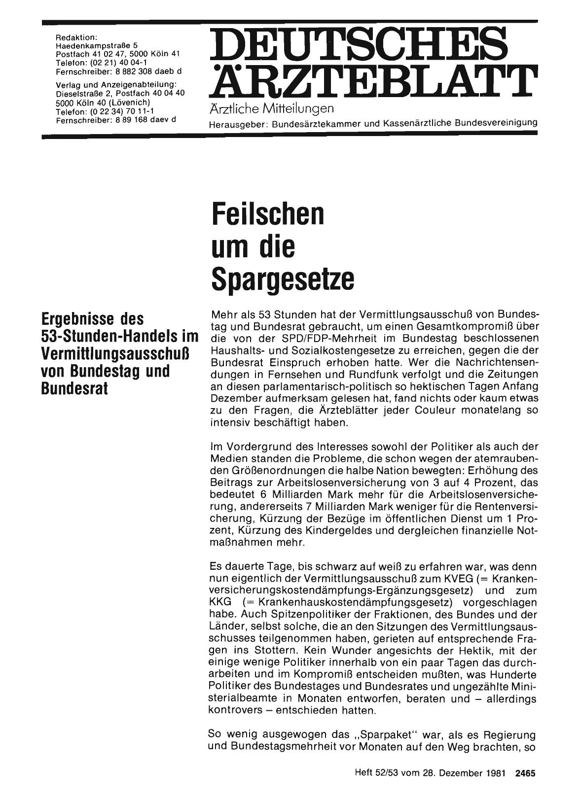 Vorschauseite 1: Feilschen um die Spargesetze: Ergebnisse des 53-Stunden-Handels im Vermittlungsausschuß von Bundestag und Bundesrat