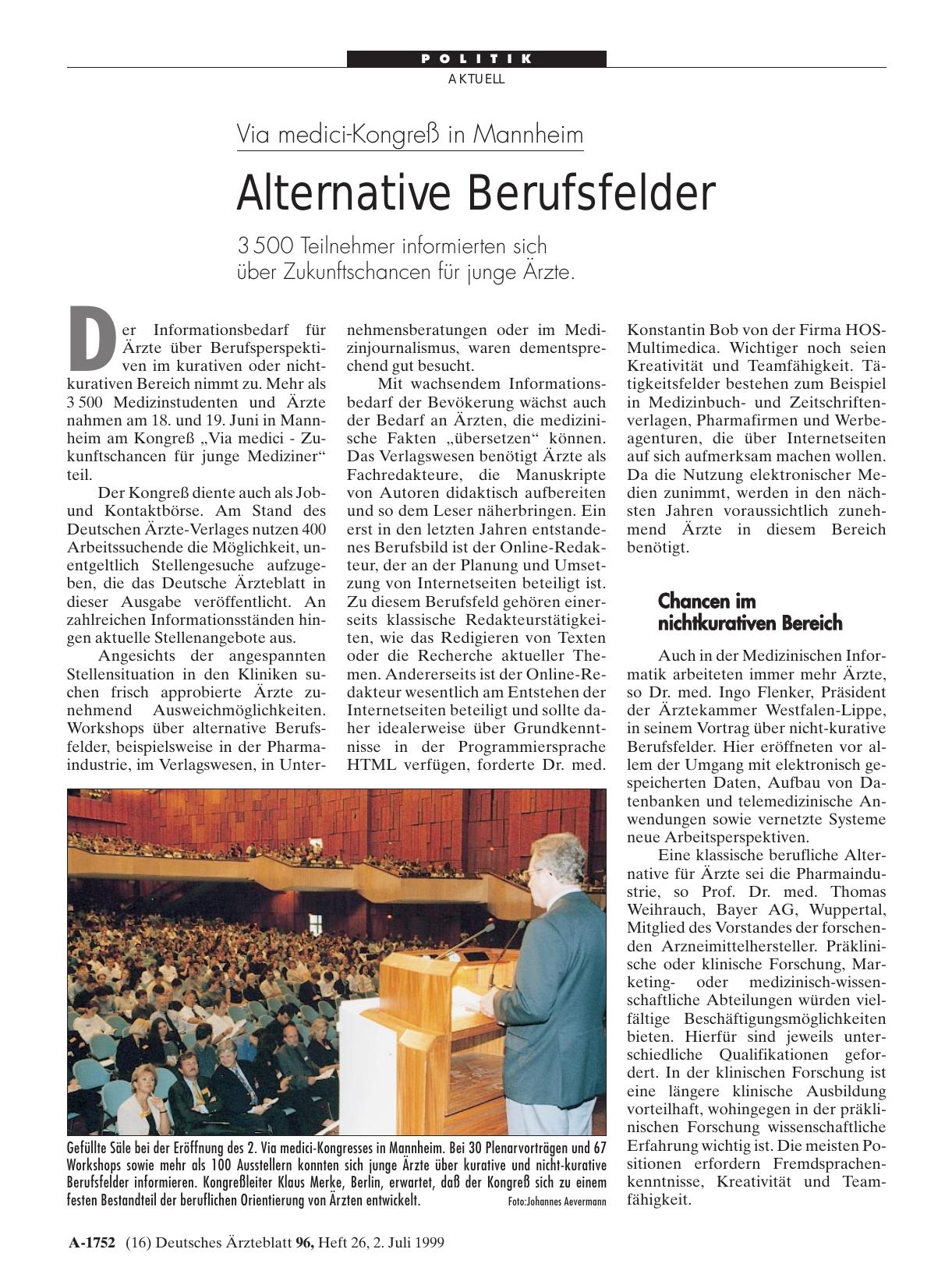 Vorschauseite 1: Via medici-Kongreß in Mannheim: Alternative Berufsfelder