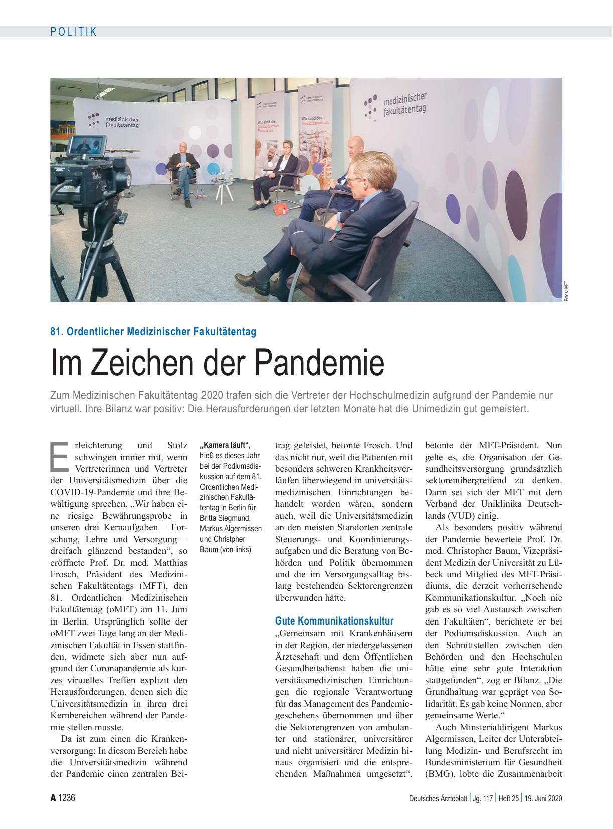Vorschauseite 1: 81. Ordentlicher Medizinischer Fakultätentag: Im Zeichen der Pandemie