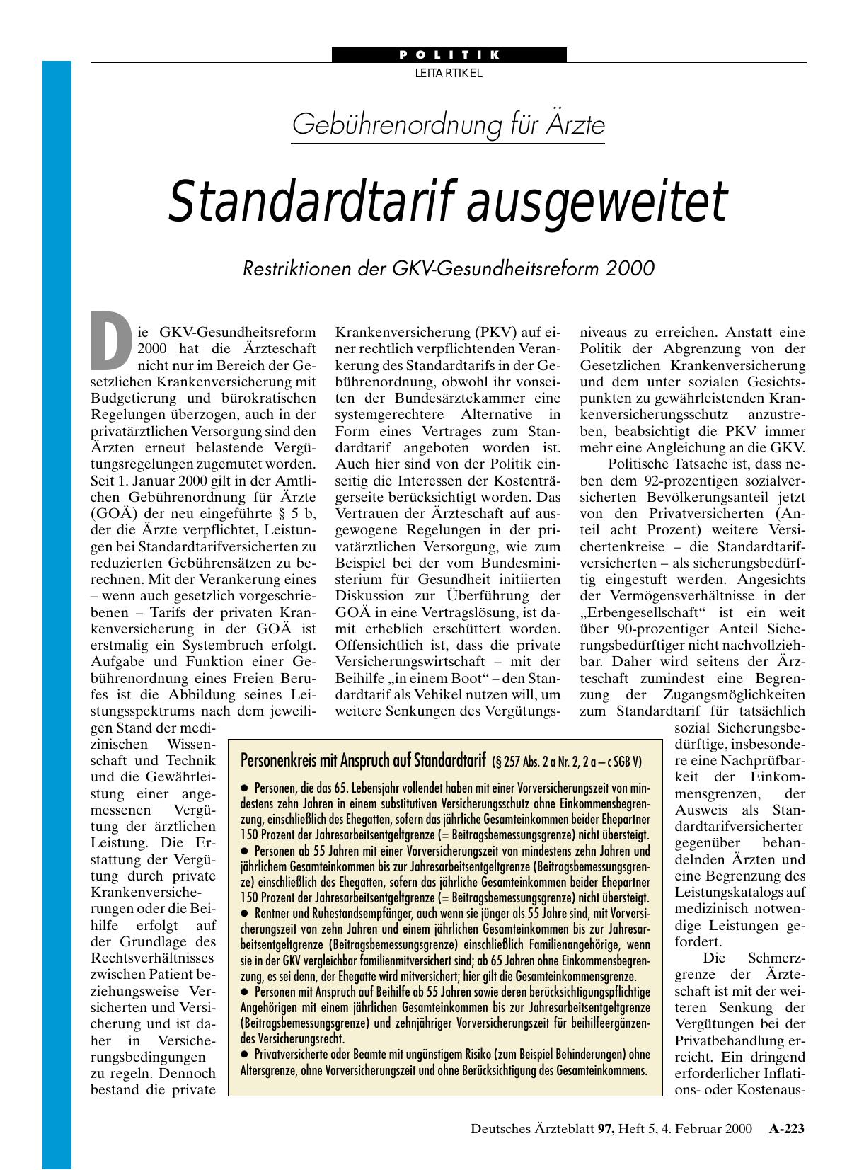 Vorschauseite 1: Gebührenordnung für Ärzte: Standardtarif ausgeweitet