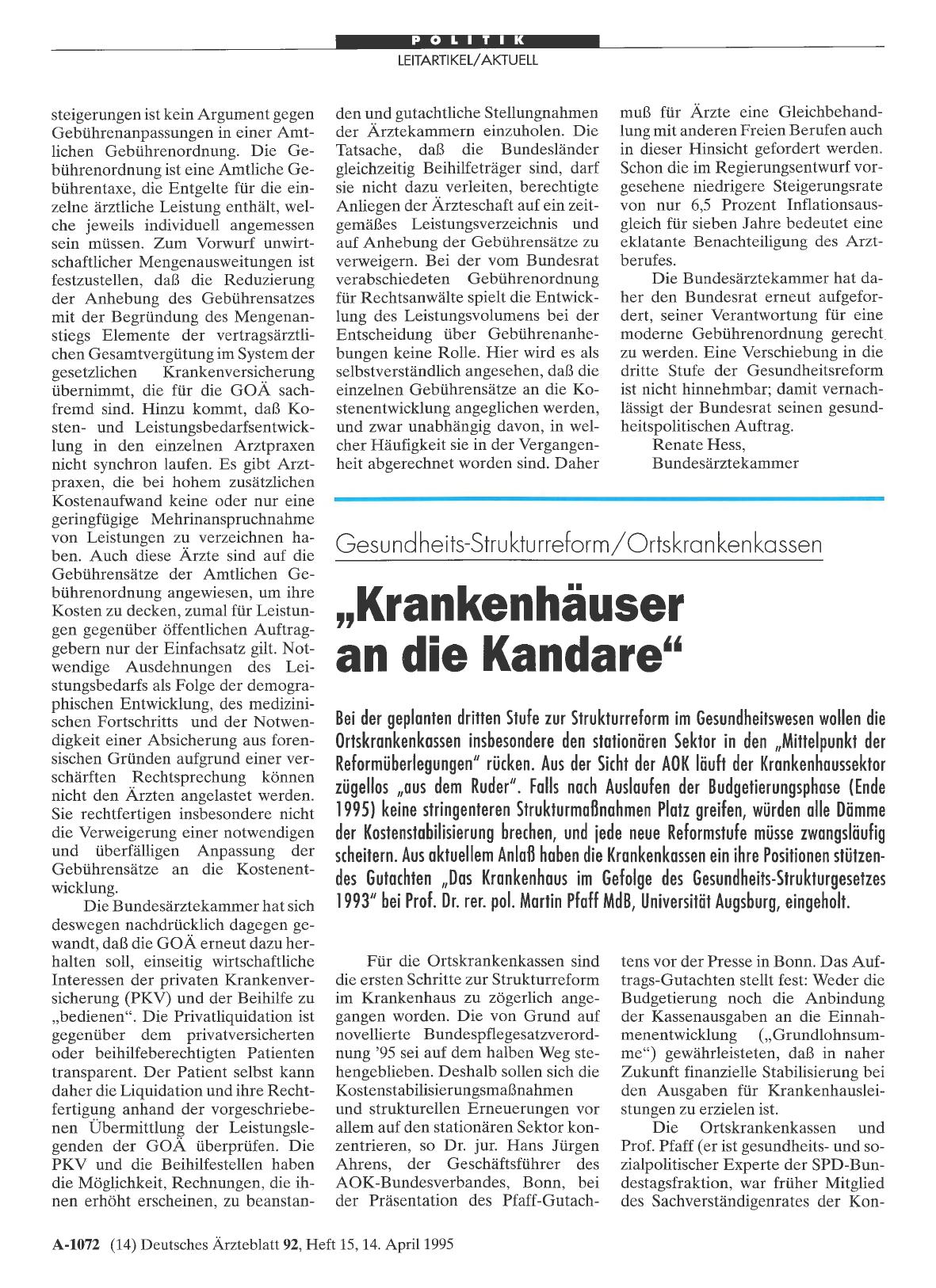 Vorschauseite 1: Gesundheits-Strukturreform/Ortskrankenkassen: „Krankenhäuser an die Kandare“