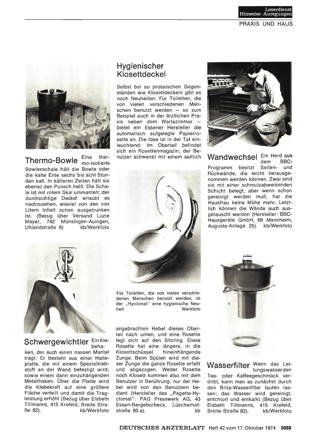 Vorschauseite 1: Thermo-Bowle, Hygienischer Klosettdeckel, Schwergewichtler, Wandwechsel, Wasserfilter