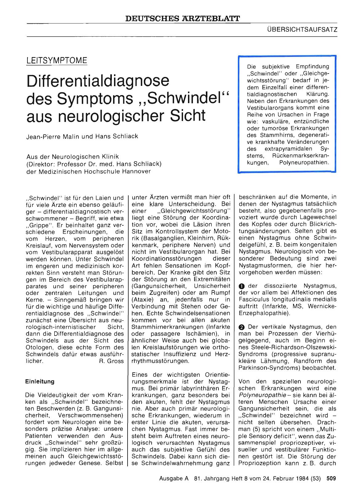 Vorschauseite 1: Differentialdiagnose des Symptoms „Schwindel“ aus neurologischer Sicht