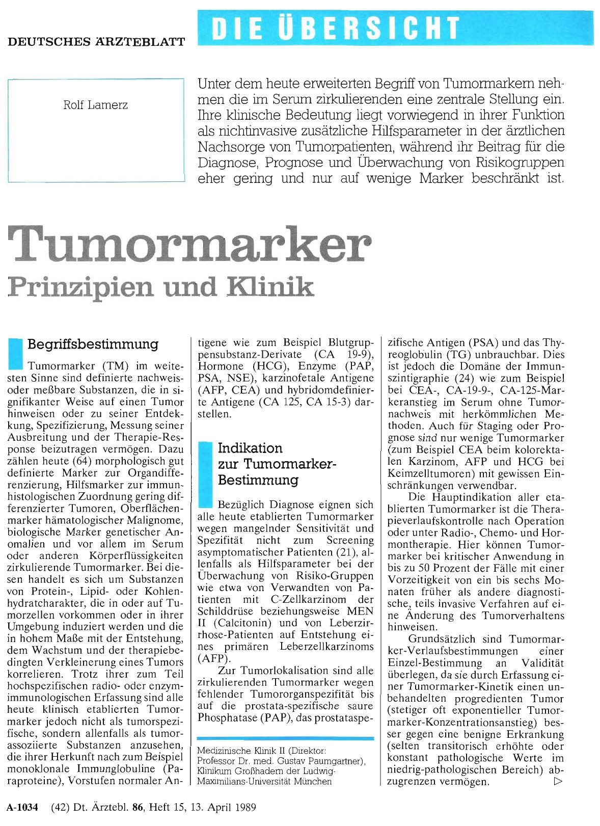 Vorschauseite 1: Tumormarker: Prinzipien und Klinik