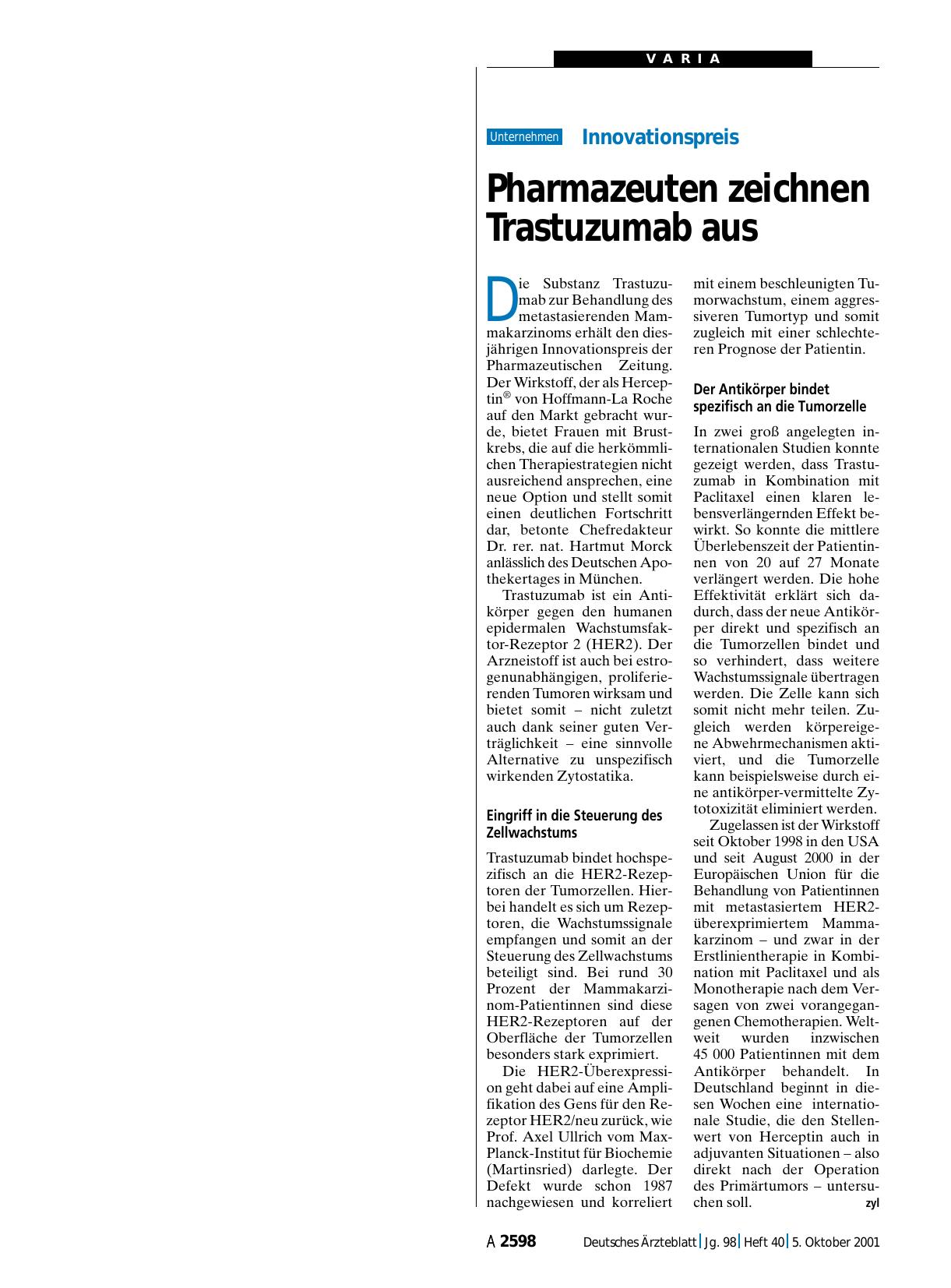 Vorschauseite 1: Innovationspreis: Pharmazeuten zeichnen Trastuzumab aus