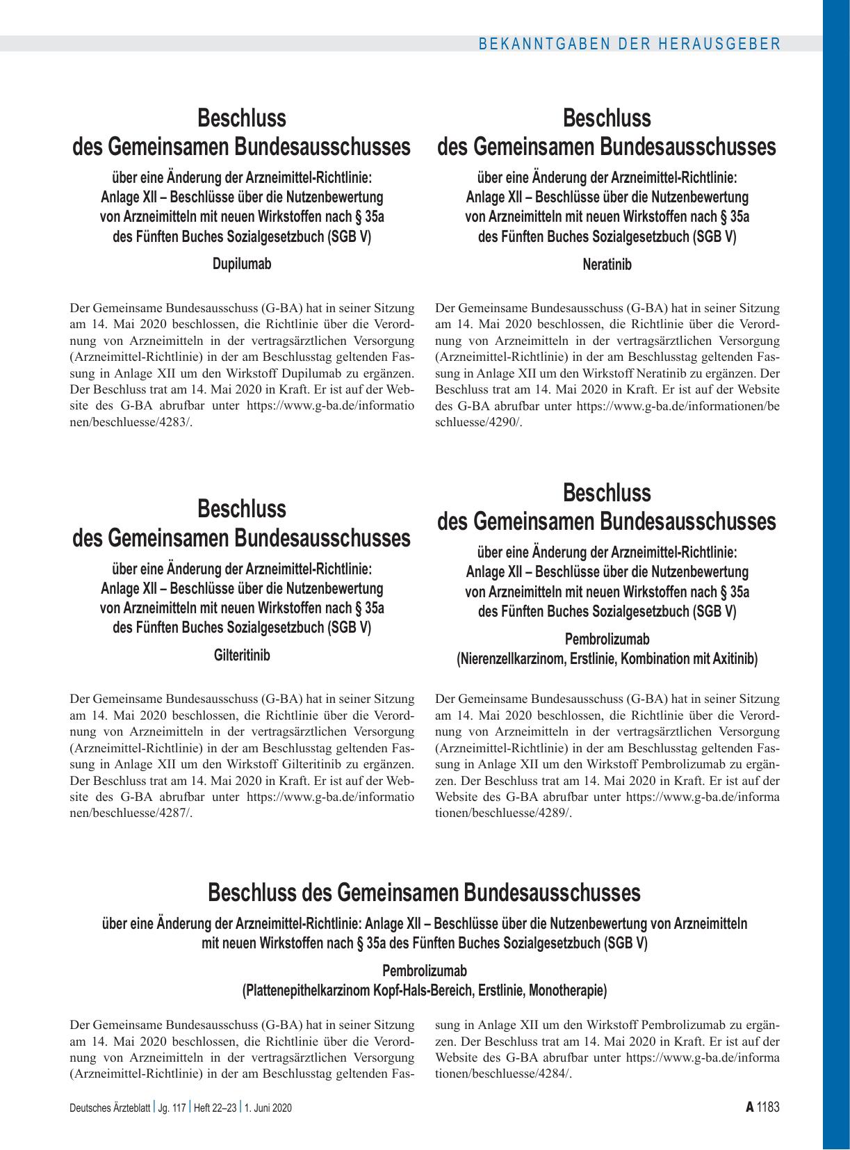 Vorschauseite 1: Beschluss des Gemeinsamen Bundesausschusses über eine Änderung der Arzneimittel-Richtlinie: Anlage XII – Dupilumab