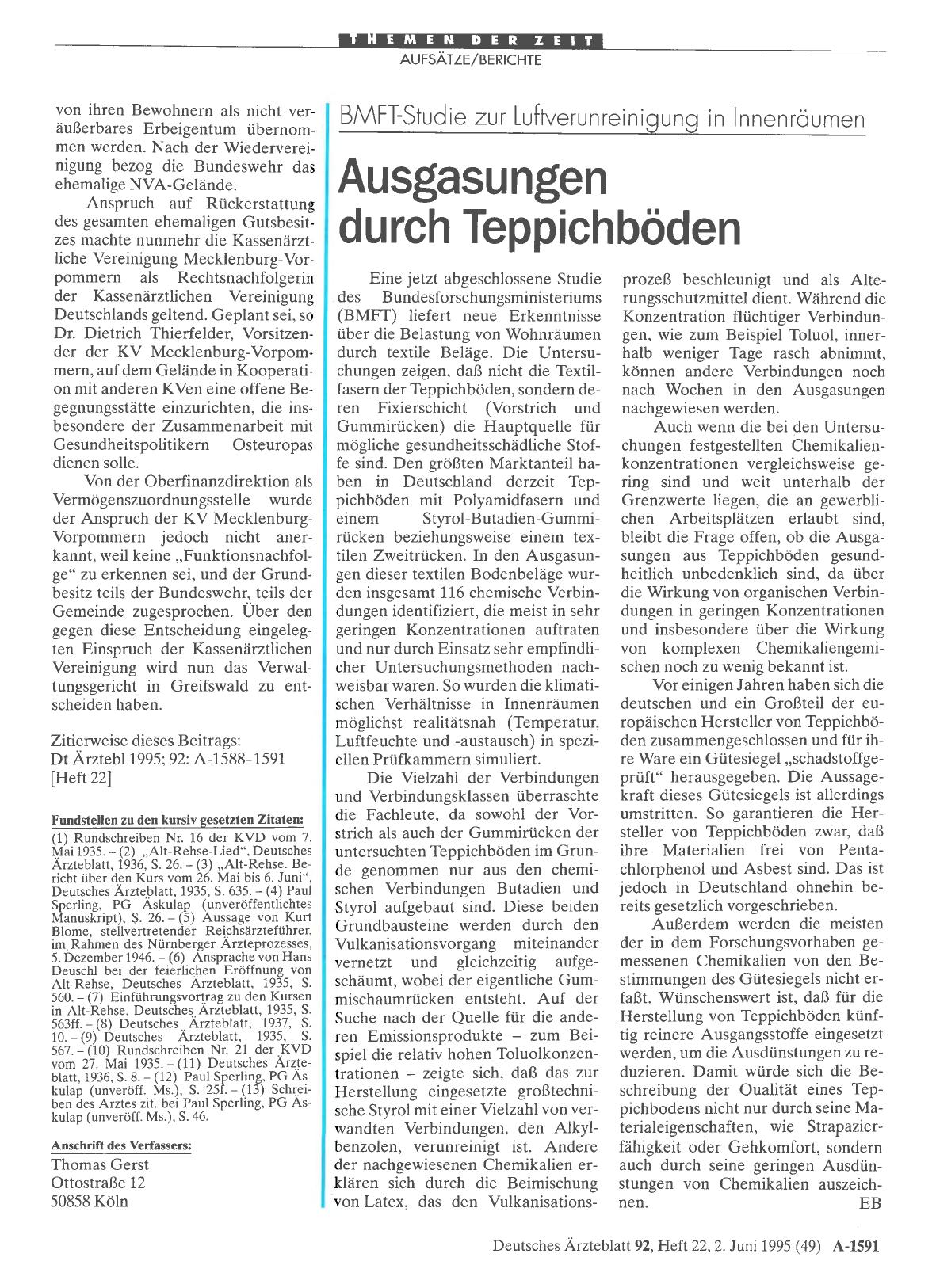 Vorschauseite 1: BMFT-Studie zur Luftverunreinigung in Innenräumen Ausgasungen durch Teppichböden