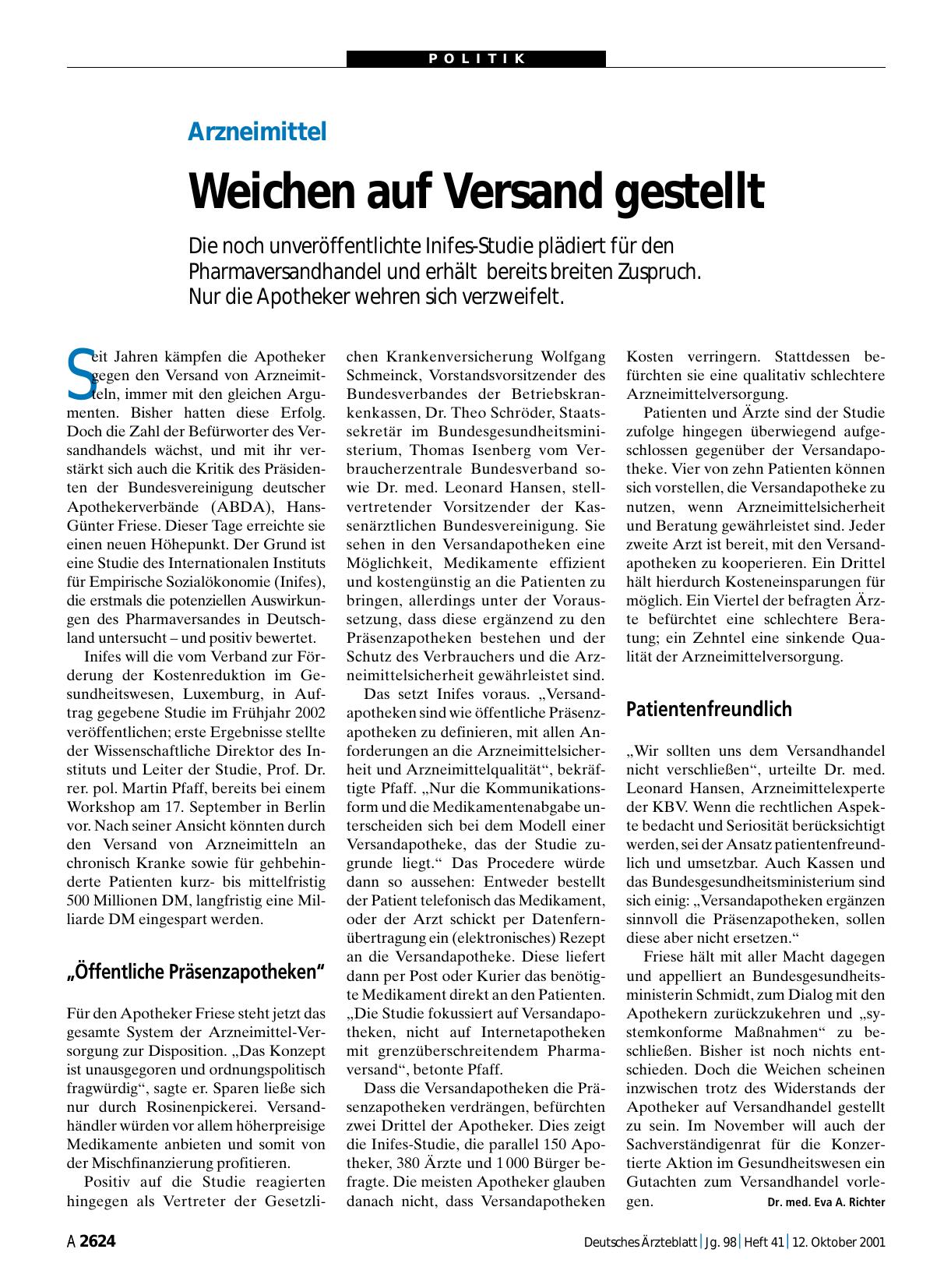 Vorschauseite 1: Arzneimittel: Weichen auf Versand gestellt