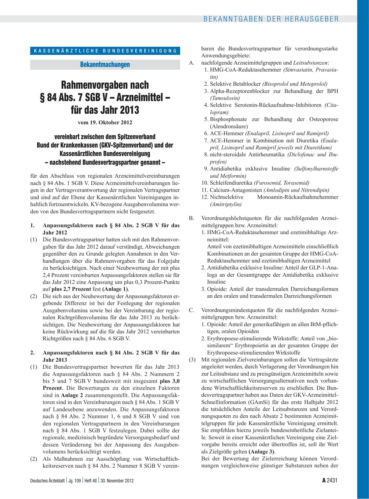 Vorschauseite 1: Rahmenvorgaben nach § 84 Abs. 7 SGB V – Arzneimittel – für das Jahr 2013 vereinbart zwischen dem Spitzenverband Bund der Krankenkassen (GKV-Spitzenverband) und der Kassenärztliche…